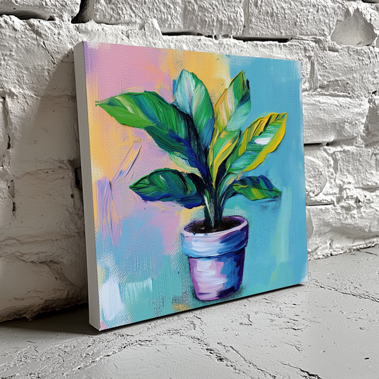 A vibrant acrylic canvas of a yellow and green calathea in a purple pot with hazy blue purple and yellow background, resting on a brick wall. 