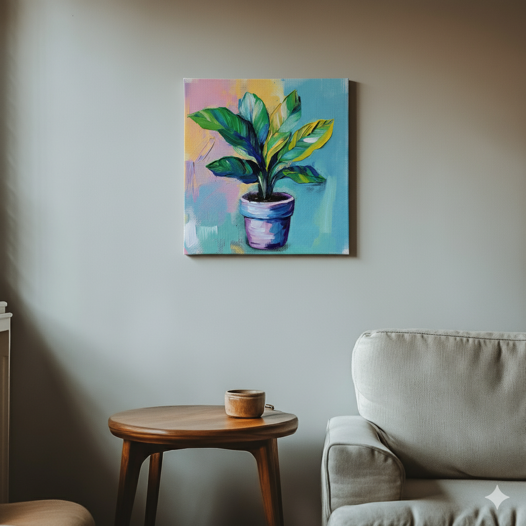 A vibrant acrylic canvas of a yellow and green calathea in a purple pot with hazy blue purple and yellow background, in a cool retro living room.