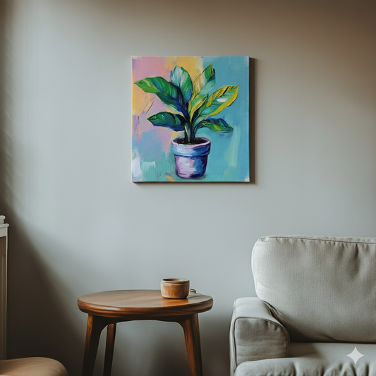A vibrant acrylic canvas of a yellow and green calathea in a purple pot with hazy blue purple and yellow background, in a cool retro living room.