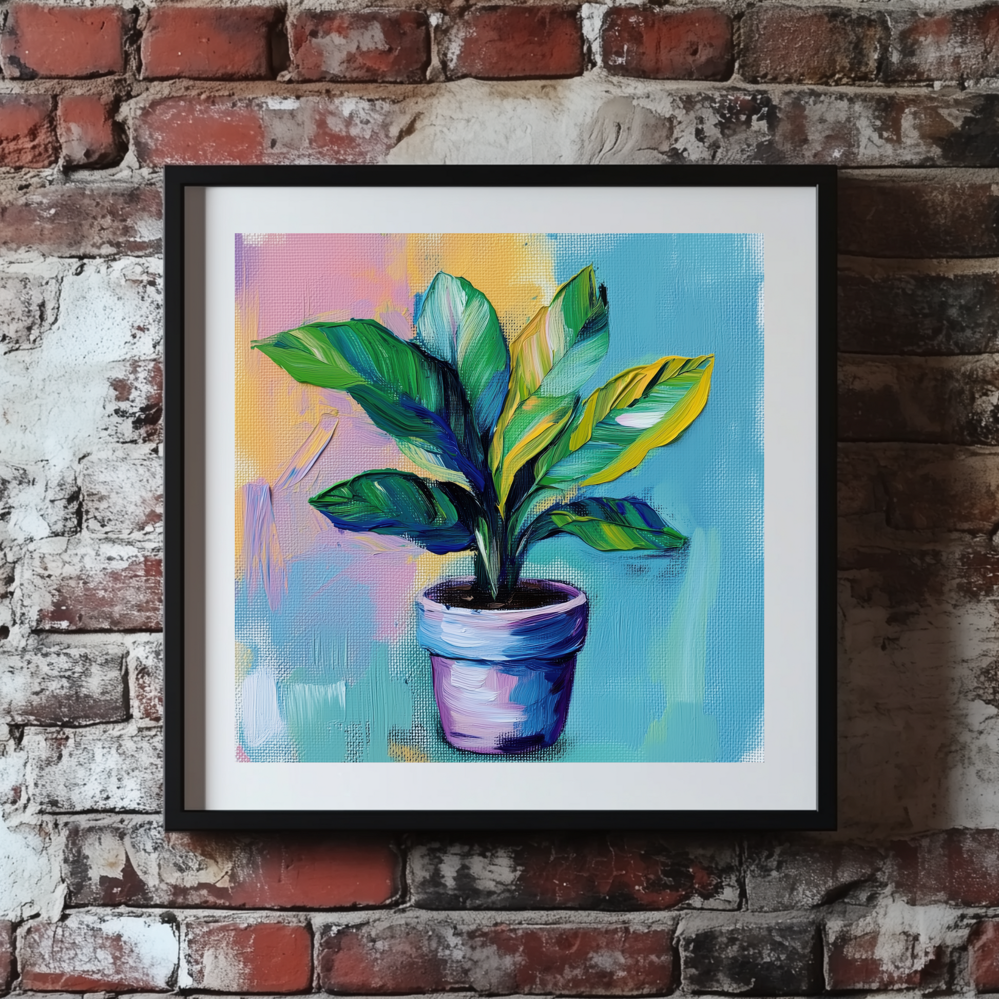 A vibrant acrylic print of a yellow and green calathea in a purple pot with hazy blue purple and yellow background, framed on a brick wall. 