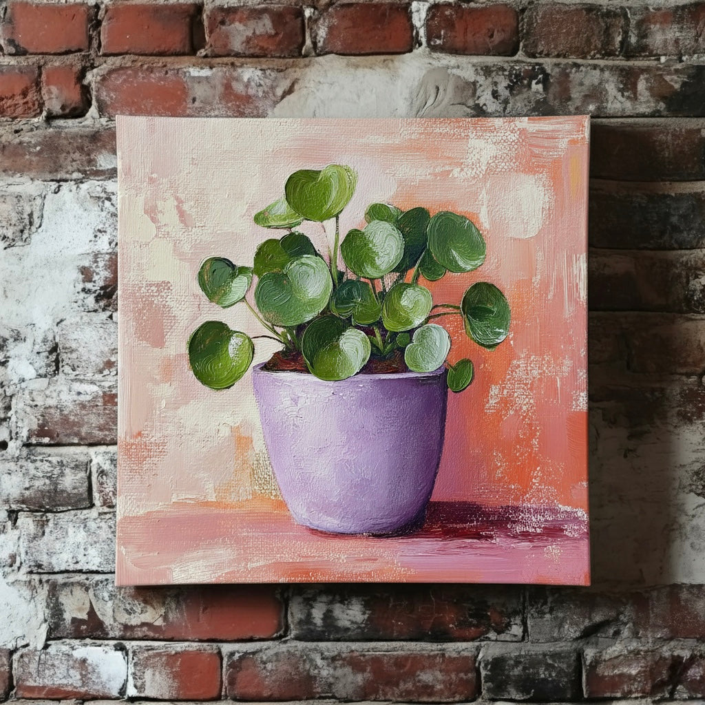 A vibrant bright canvas of a green chinese money plant in a purple pot on a red and white brushstroke background, mounted on a red brick wall.