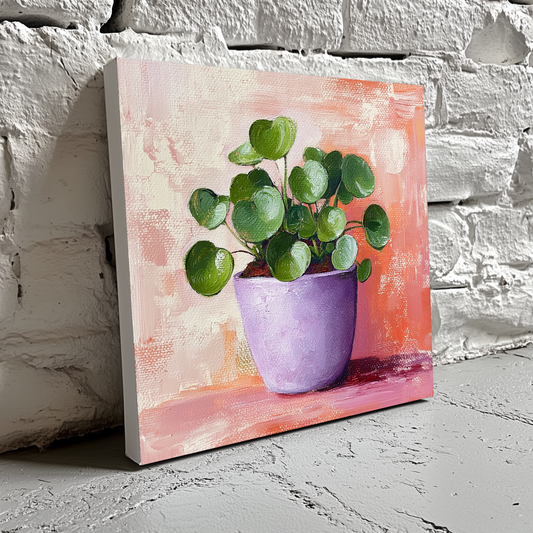 A vibrant bright canvas of a green chinese money plant in a purple pot on a red and white brushstroke background, resting on a brick wall. 