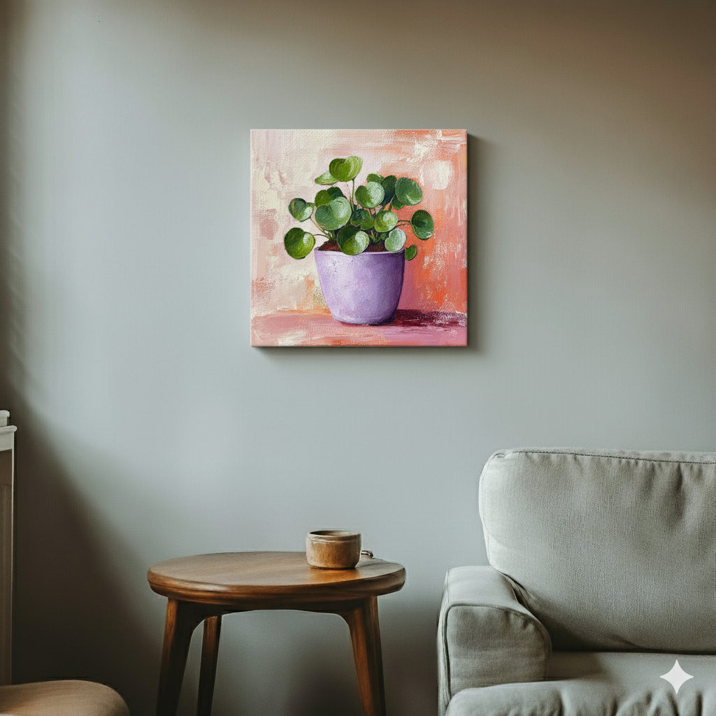 A vibrant bright canvas of a green chinese money plant in a purple pot on a red and white brushstroke background, in a cool retro living room.