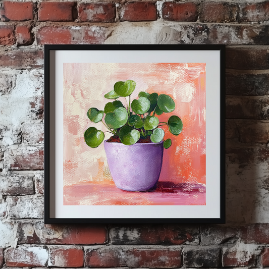 A vibrant bright print of a green chinese money plant in a purple pot on a red and white brushstroke background, framed on a brick wall. 