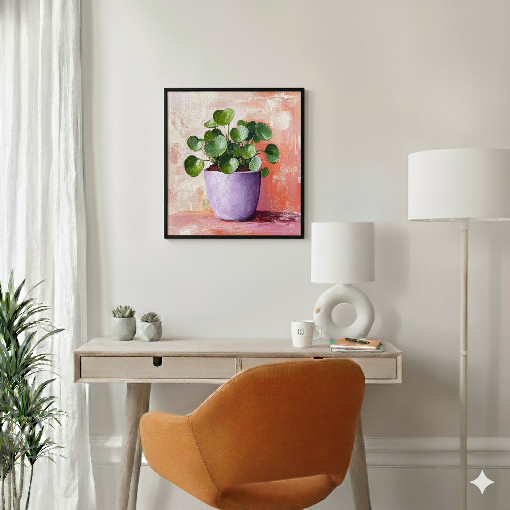 A vibrant bright print of a green chinese money plant in a purple pot on a red and white brushstroke background, in a bright modern desk area.