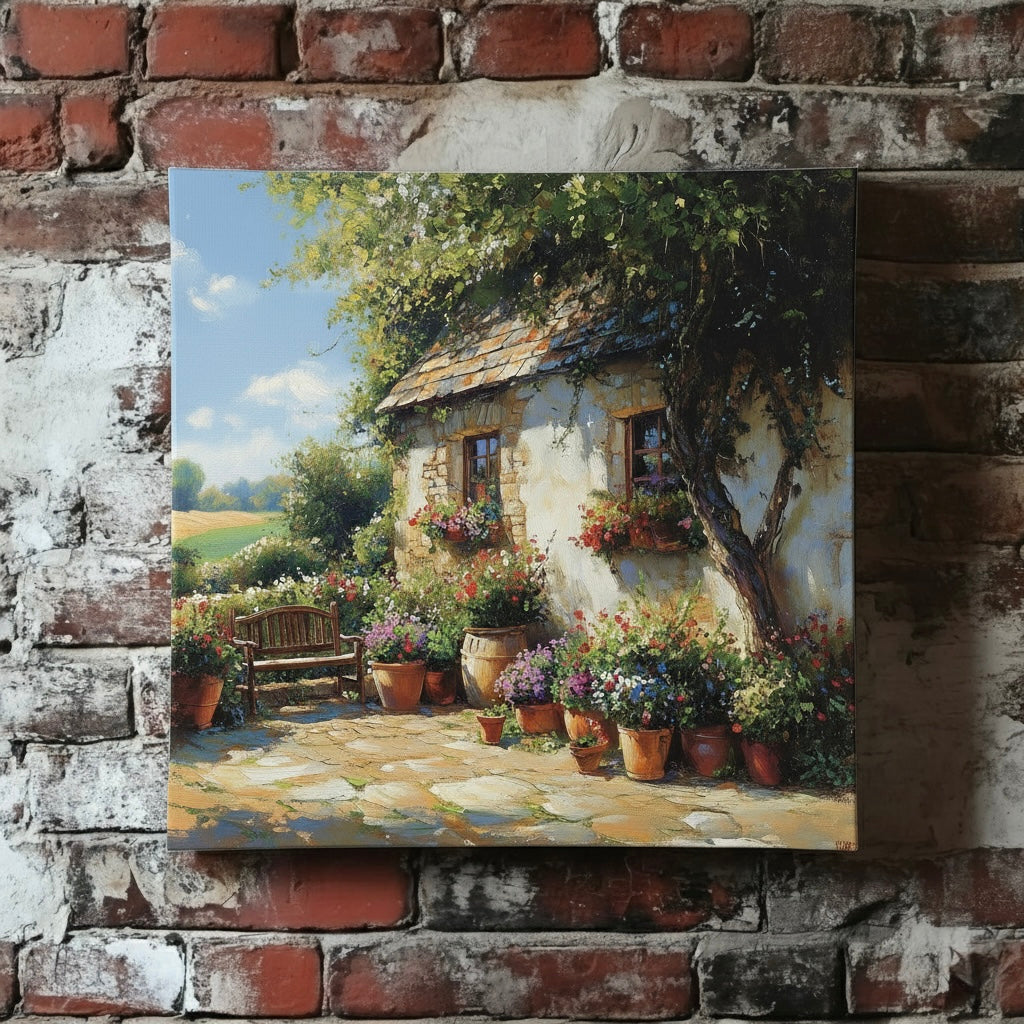 An oil canvas of a country cottage with lush flowerpots, green trees and fields, and a peaceful bench, mounted on a red brick wall.