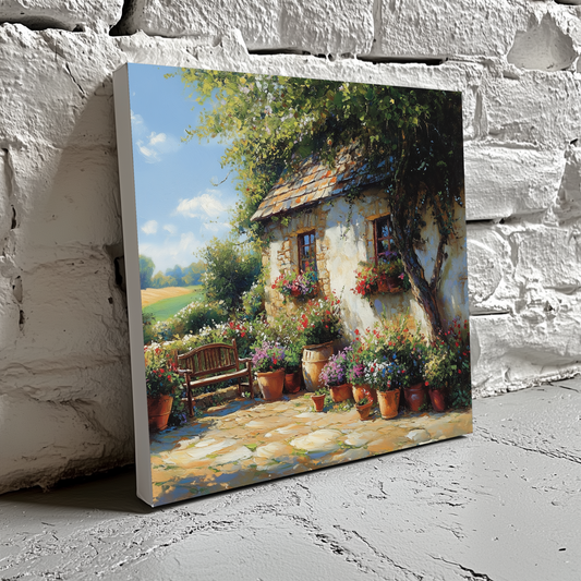 An oil canvas of a country cottage with lush flowerpots, green trees and fields, and a peaceful bench, resting on a brick wall. 