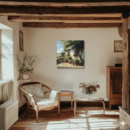An oil canvas of a country cottage with lush flowerpots, green trees and fields, and a peaceful bench, in a sunlit rustic cottage.