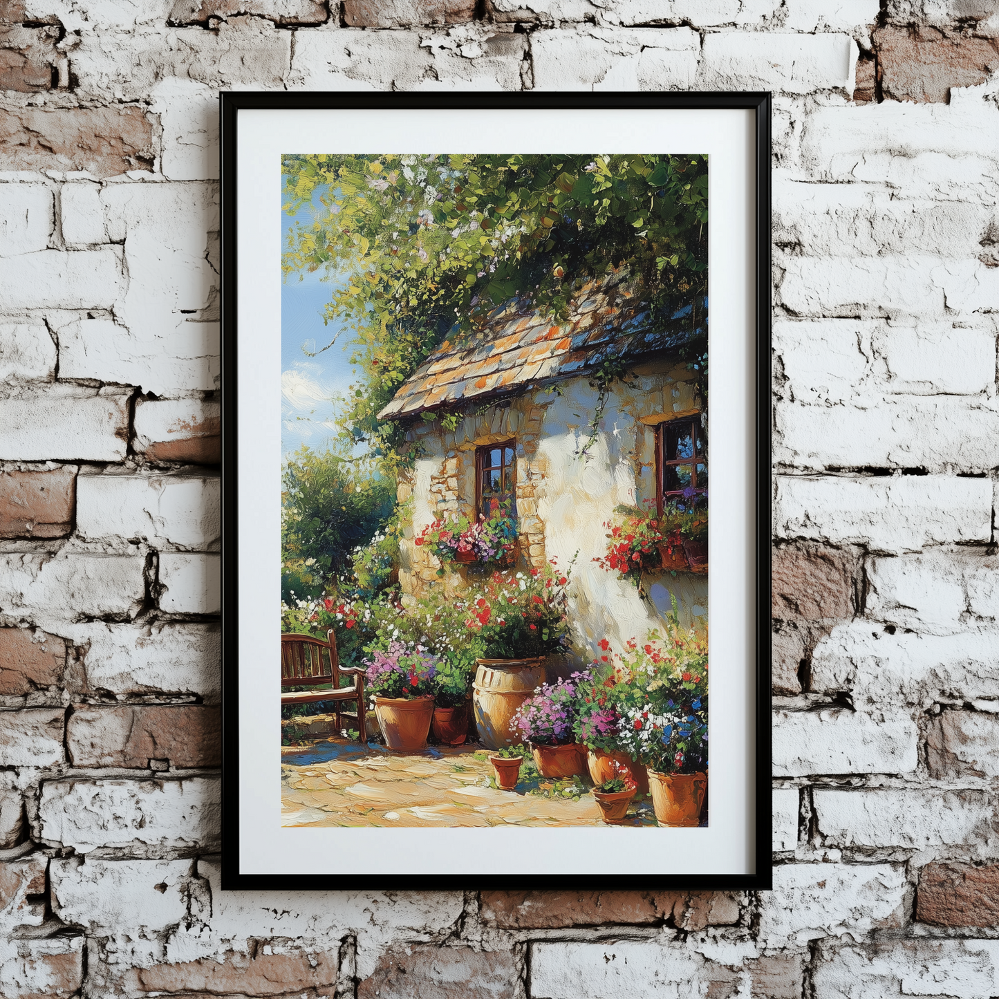 An oil unframed print of a country cottage with lush flowerpots, green trees and fields, and a peaceful bench, hanging on a brick wall. 