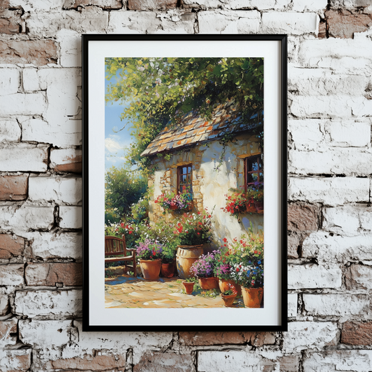 An oil unframed print of a country cottage with lush flowerpots, green trees and fields, and a peaceful bench, hanging on a brick wall. 
