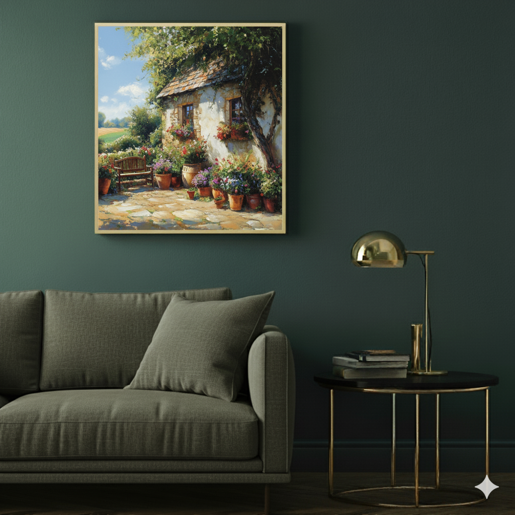 An oil print of a country cottage with lush flowerpots, green trees and fields, and a peaceful bench, in a moody modern living room.