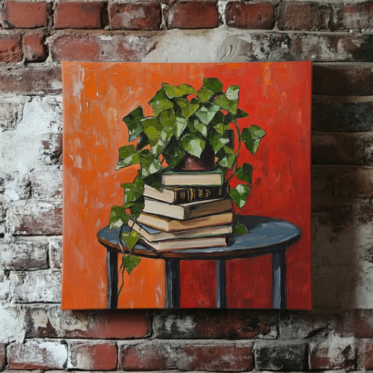 A moody acrylic canvas of a green ivy cascading down a stack of books on a table with a red orange background, mounted on a red brick wall.