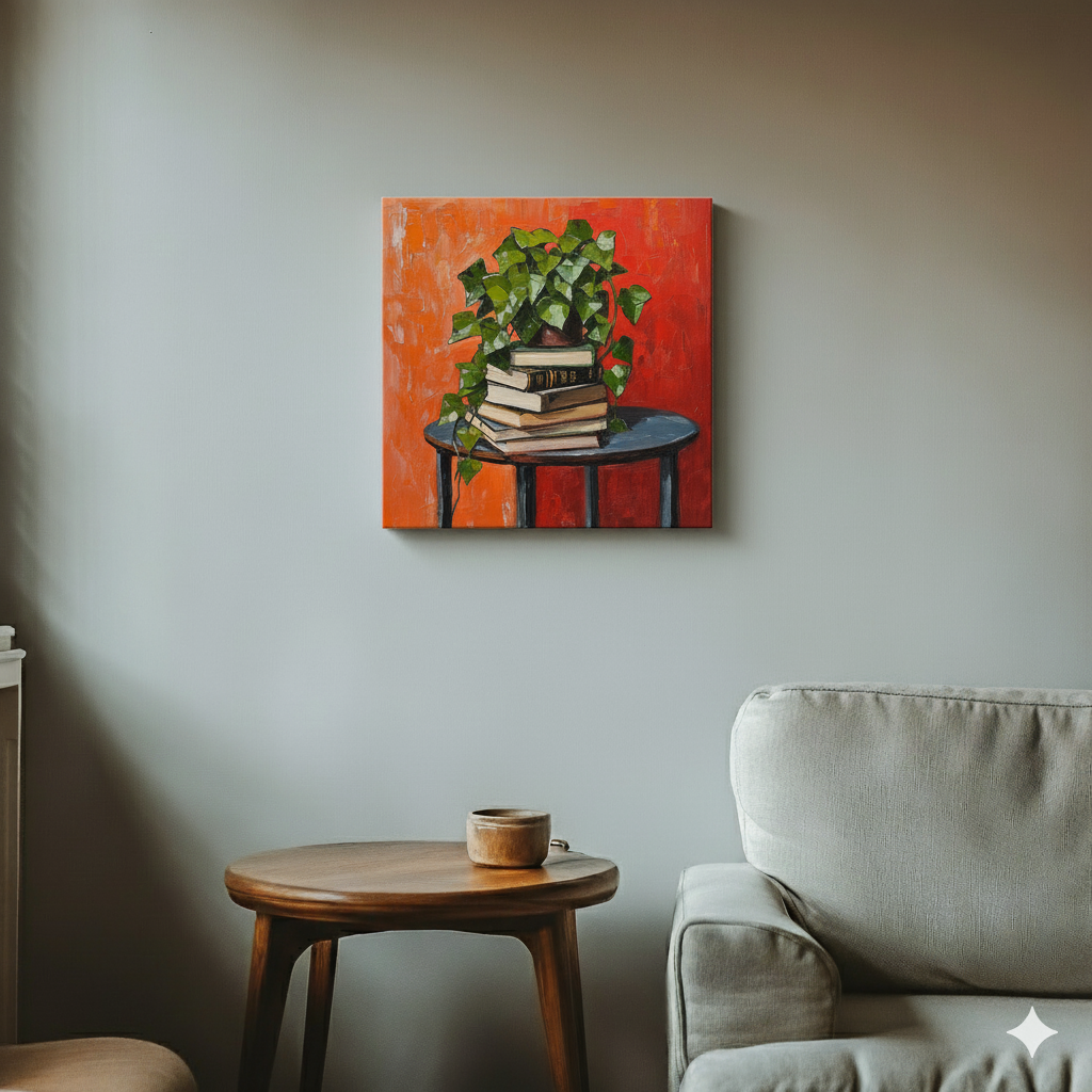 A moody acrylic canvas of a green ivy cascading down a stack of books on a table with a red orange background, in a cool retro living room.