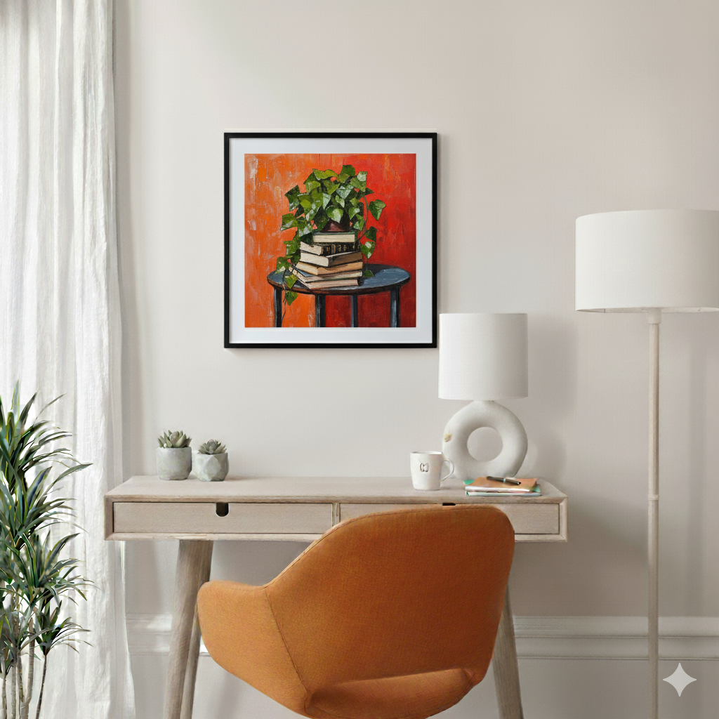 A moody acrylic print of a green ivy cascading down a stack of books on a table with a red orange background, in a bright modern desk area.