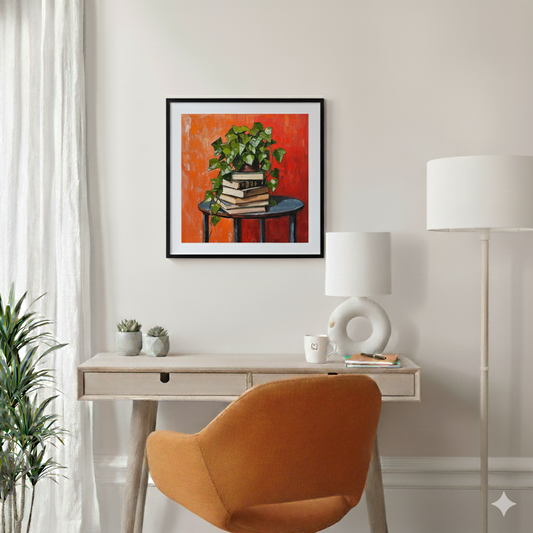 A moody acrylic print of a green ivy cascading down a stack of books on a table with a red orange background, in a bright modern desk area.