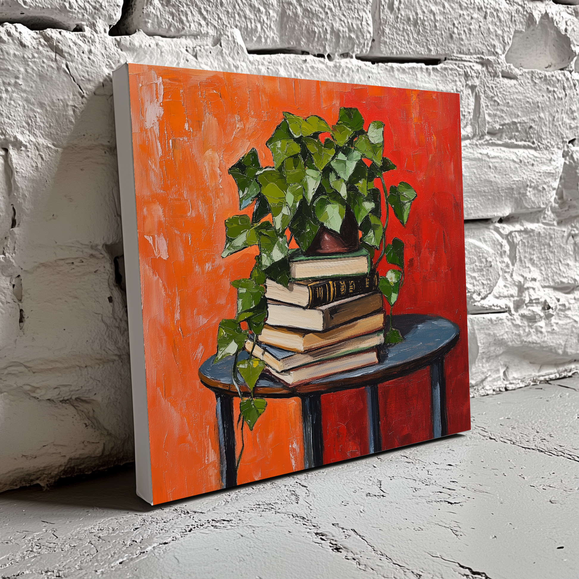 A moody acrylic canvas of a green ivy cascading down a stack of books on a table with a red orange background, resting on a brick wall. 