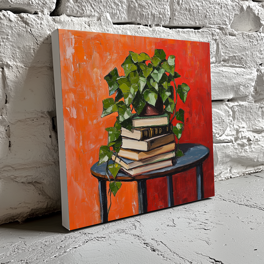 A moody acrylic canvas of a green ivy cascading down a stack of books on a table with a red orange background, resting on a brick wall. 