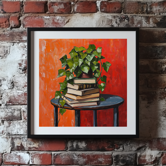 A moody acrylic print of a green ivy cascading down a stack of books on a table with a red orange background, framed on a brick wall. 