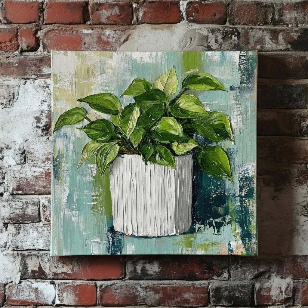 A bright acrylic canvas of a green ivy plant in a white striped pot on an abstract blue and white background, mounted on a red brick wall.