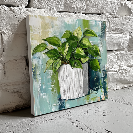 A bright acrylic canvas of a green ivy plant in a white striped pot on an abstract blue and white background, resting on a brick wall.
