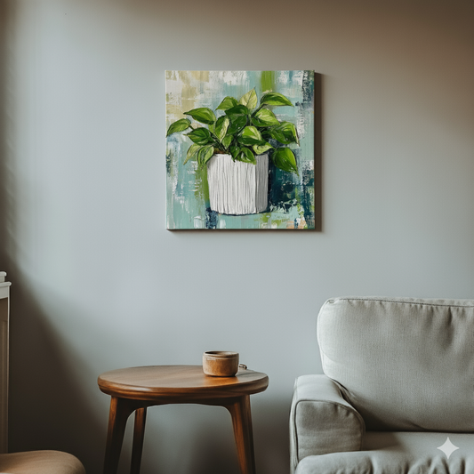 A bright acrylic canvas of a green ivy plant in a white striped pot on an abstract blue and white background, in a cool retro living room.