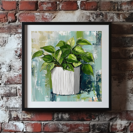 A bright acrylic print of a green ivy plant in a white striped pot on an abstract blue and white background, framed on a brick wall.