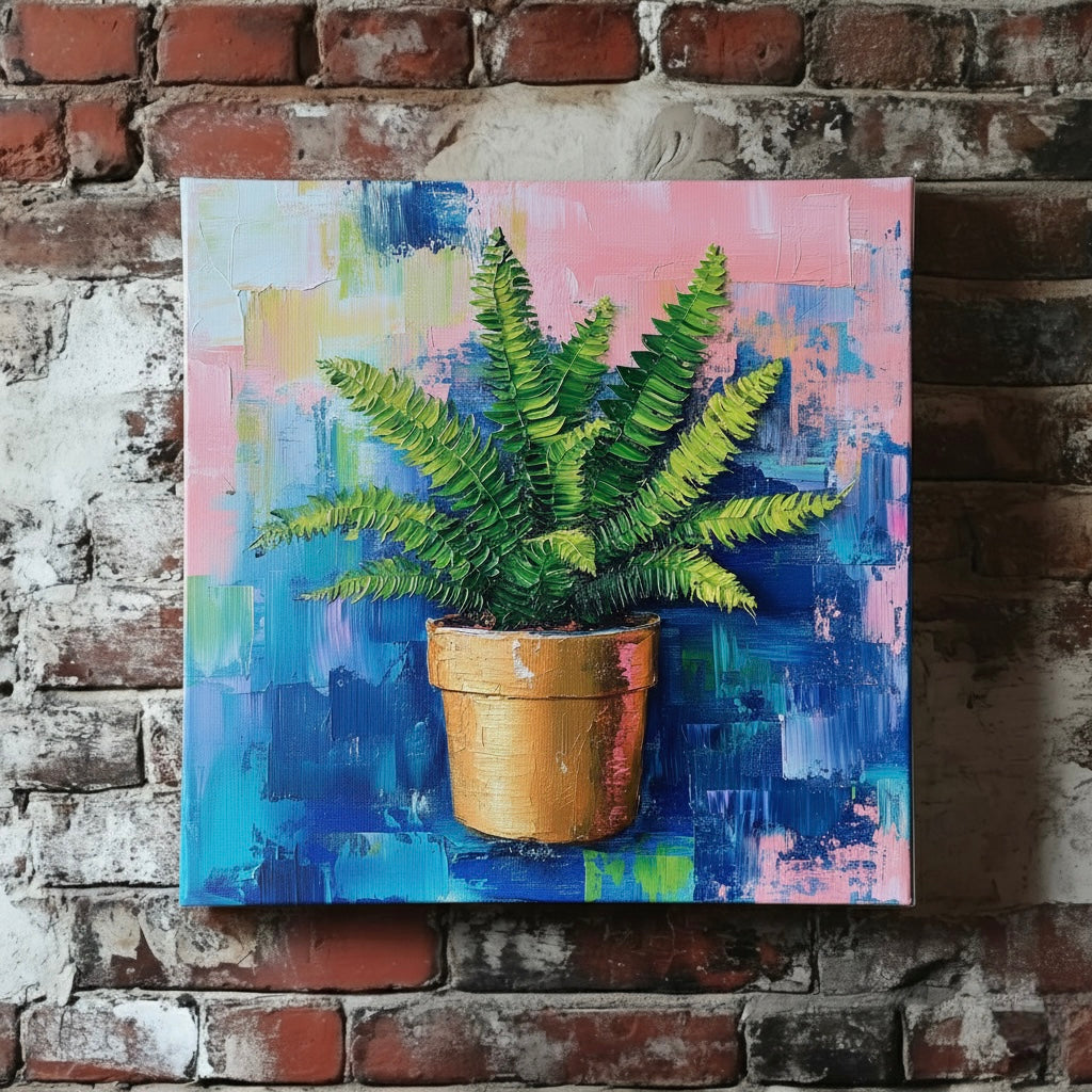 An acrylic canvas of a bright green fern in a terracotta pot and an abstract blue and pink background, mounted on a red brick wall.
