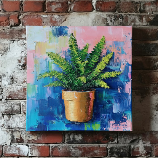 An acrylic canvas of a bright green fern in a terracotta pot and an abstract blue and pink background, mounted on a red brick wall.