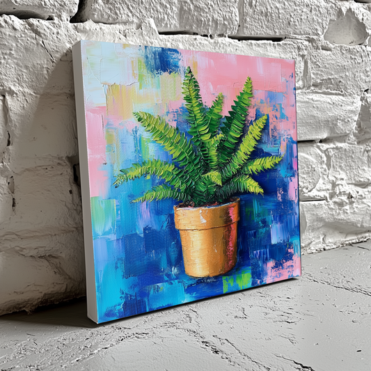 An acrylic canvas of a bright green fern in a terracotta pot and an abstract blue and pink background, resting on a brick wall.