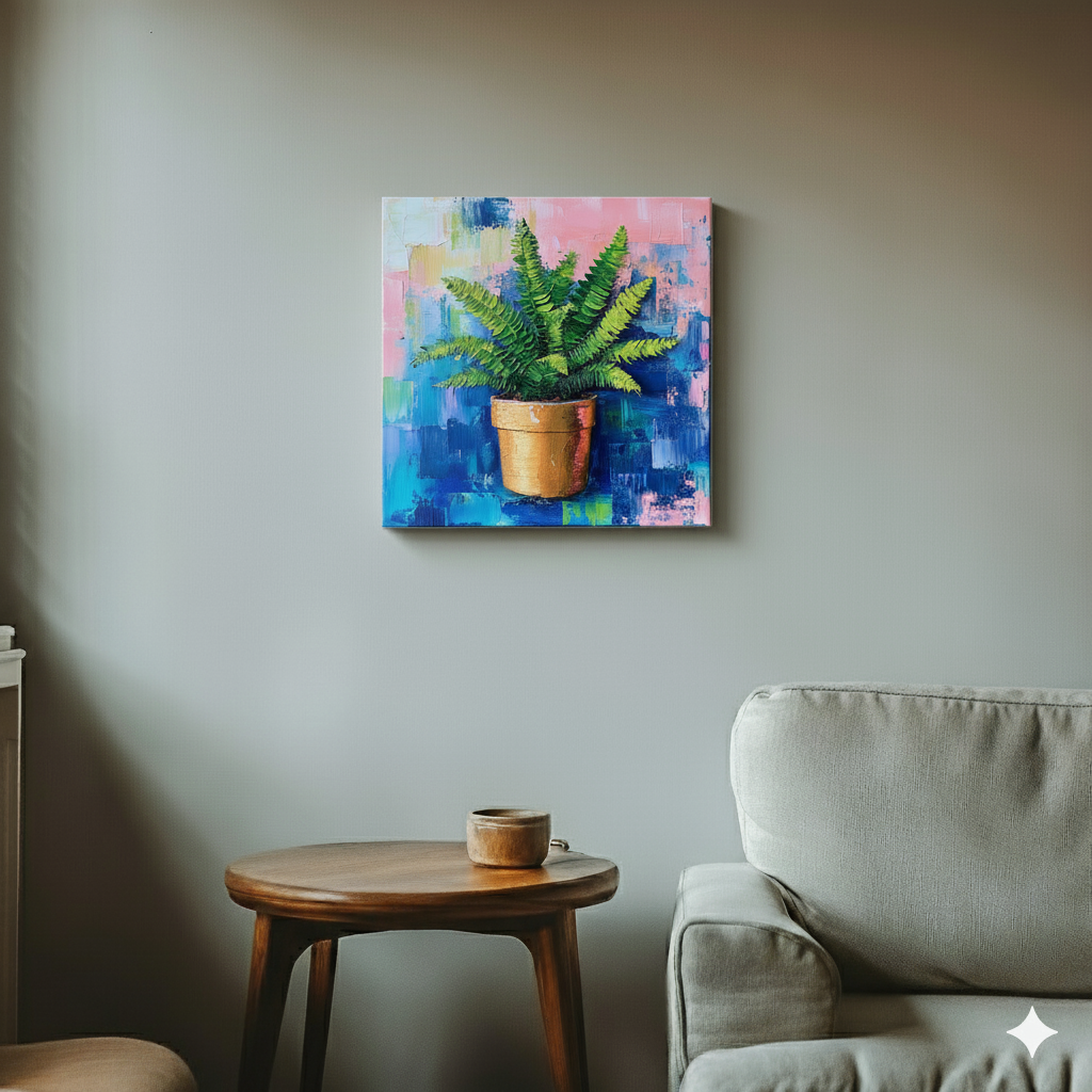 An acrylic canvas of a bright green fern in a terracotta pot and an abstract blue and pink background, in a cool retro living room