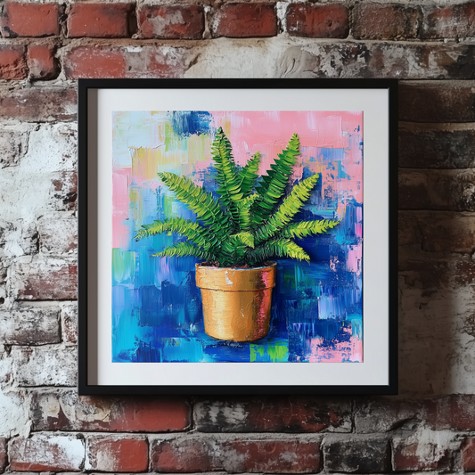 An acrylic print of a bright green fern in a terracotta pot and an abstract blue and pink background, framed on a brick wall.