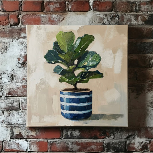 An acrylic painted style canvas of a green fiddle-leaf fig in a blue and white striped pot on a soft white background, mounted on a red brick wall