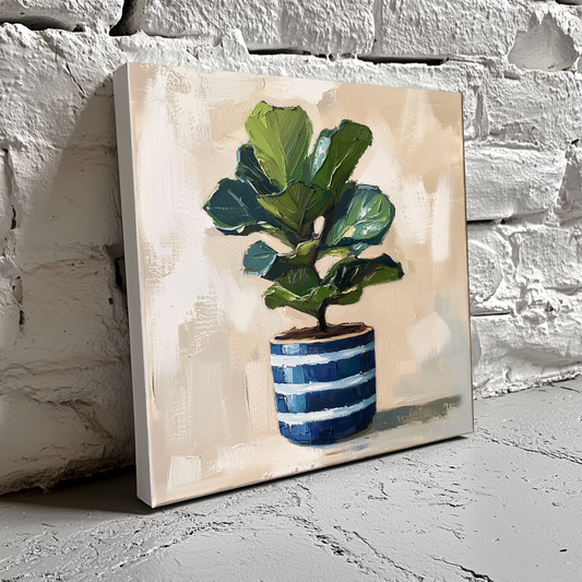 An acrylic painted style canvas of a green fiddle-leaf fig in a blue and white striped pot on a soft white background, resting on a white brick wall. 