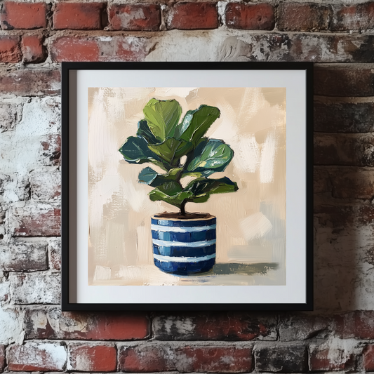 An acrylic painted style print of a green fiddle-leaf fig in a blue and white striped pot on a soft white background, framed on a brick wall. 