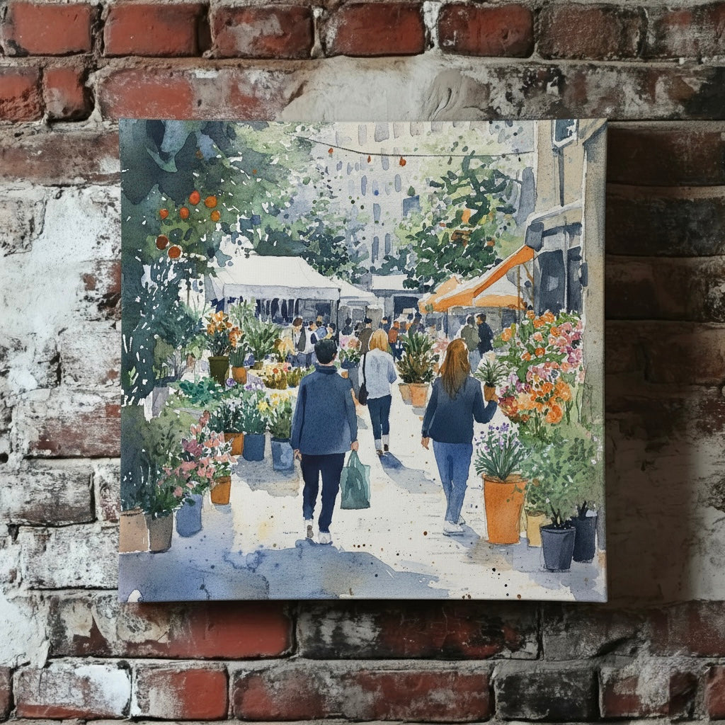 A vivid watercolour canvas of a busy city flower market full of green plants, vibrant blooms and people, mounted on a red brick wall