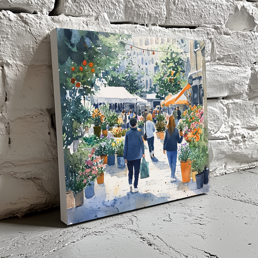 A vivid watercolour canvas of a busy city flower market full of green plants, vibrant blooms and people, resting on a brick wall
