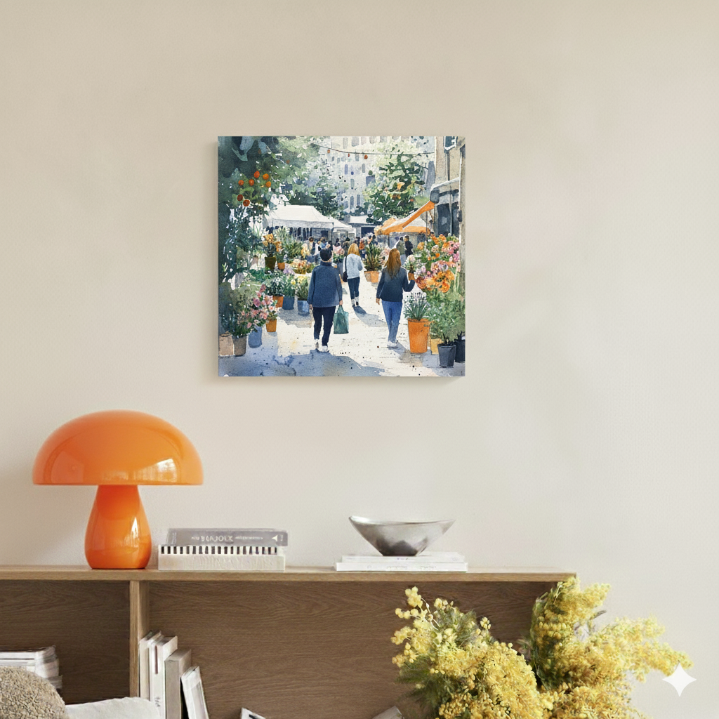 A vivid watercolour canvas of a busy city flower market full of green plants, vibrant blooms and people, in a bright contemporary room