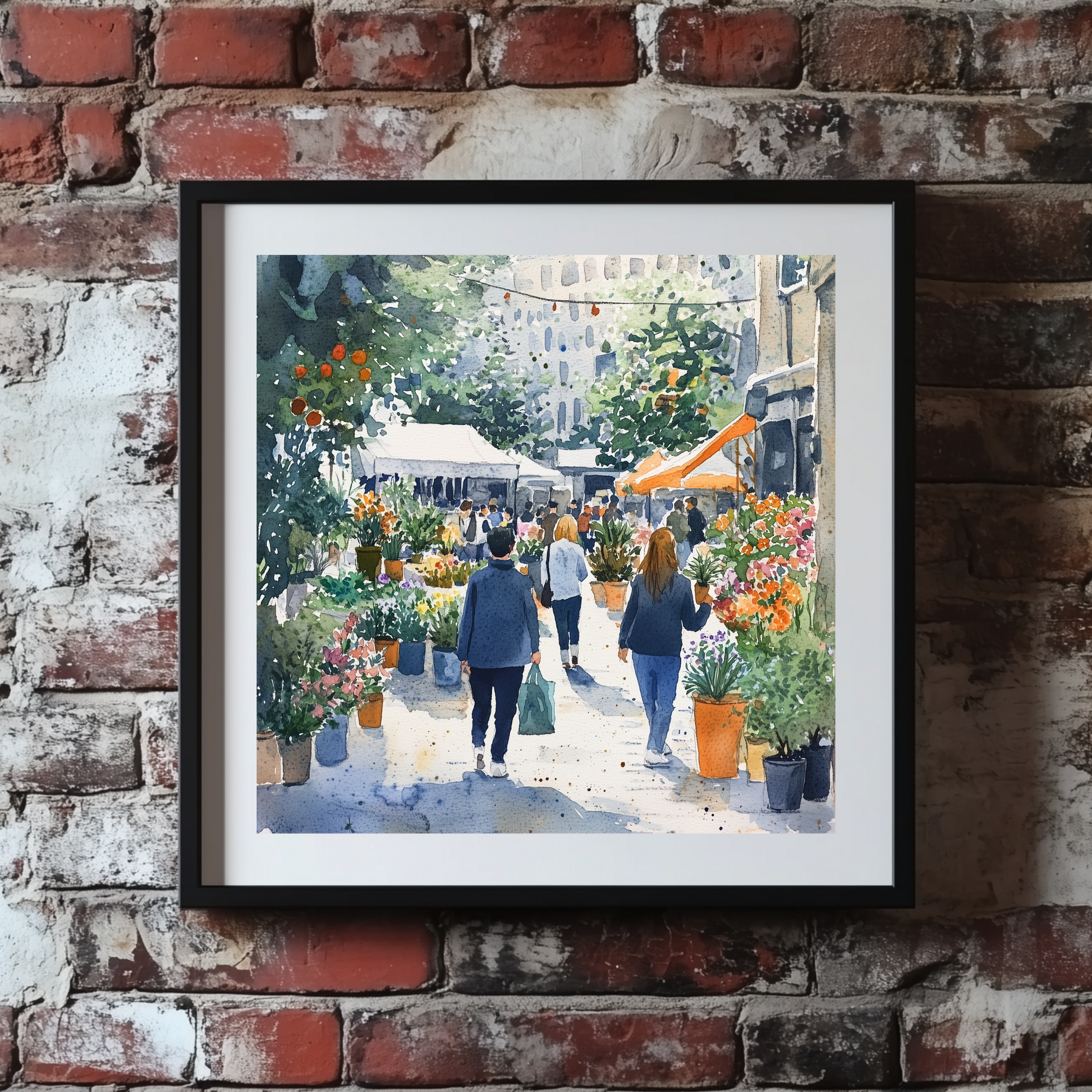 A vivid watercolour print of a busy city flower market full of green plants, vibrant blooms and people, framed on a brick wall
