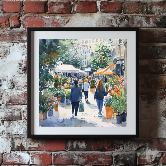 A vivid watercolour print of a busy city flower market full of green plants, vibrant blooms and people, framed on a brick wall