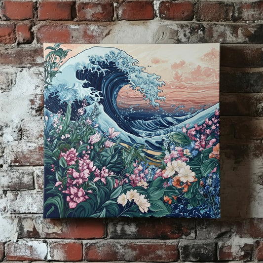 A bright vivid canvas of pink orange and white flowers and green leaves in front of a Hokusai style blue sea wave, mounted on a red brick wall