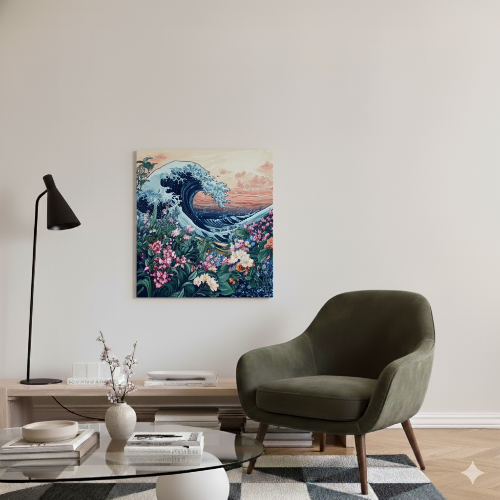 A bright vivid canvas of pink orange and white flowers and green leaves in front of a Hokusai style blue sea wave, in a bright scandinavian living room 