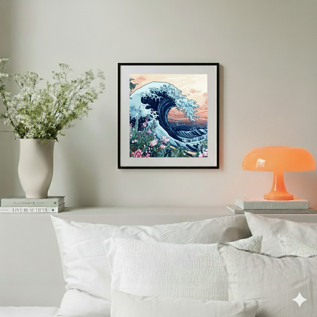 A bright vivid print of pink orange and white flowers and green leaves in front of a Hokusai style blue sea wave, in a cosy neutral bedroom