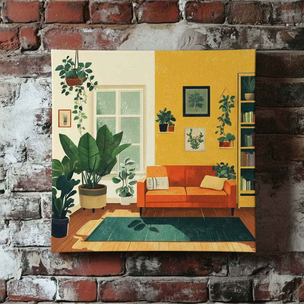 A vibrant canvas of an airy retro living room with green plants on the floor and hanging, an orange couch and wood floor, mounted on a red brick wall