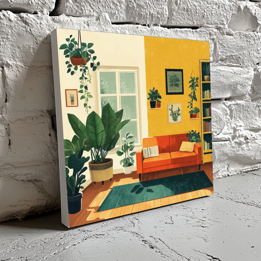 A vibrant canvas of an airy retro living room with green plants on the floor and hanging, an orange couch and wood floor, resting on a brick wall.  