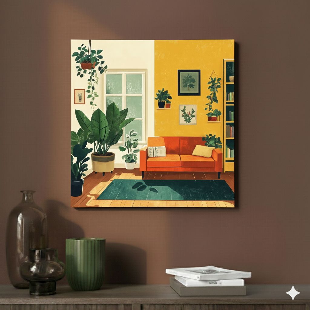 A vibrant canvas of an airy retro living room with green plants on the floor and hanging, an orange couch and wood floor, in a contemporary mauve room