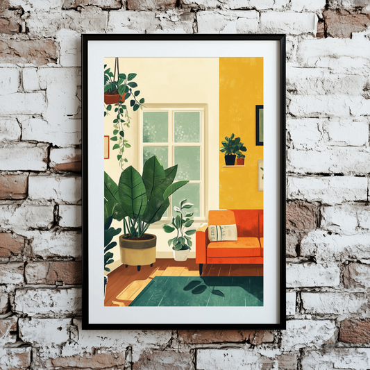 A vibrant print of an airy retro living room with green plants on the floor and hanging, an orange couch and wood floor, framed on a brick wall.  
