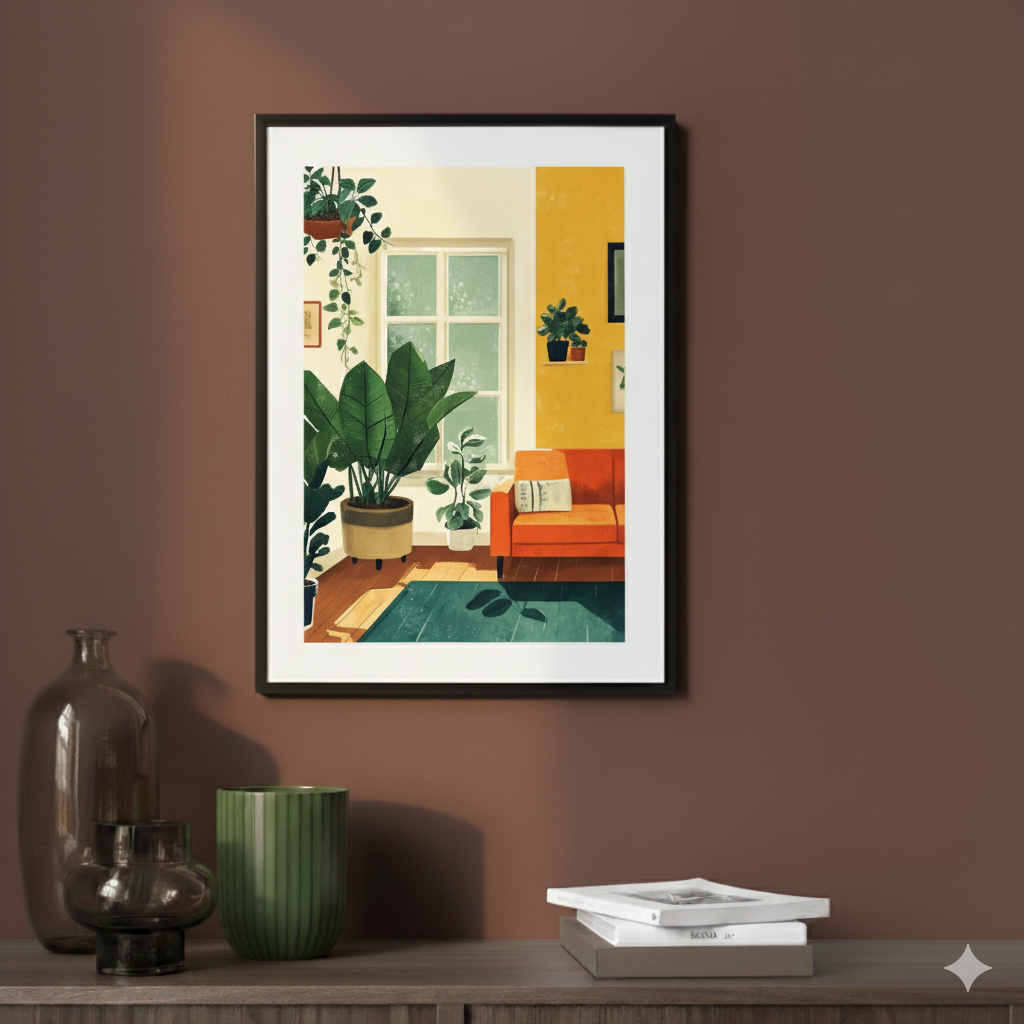 A vibrant print of an airy retro living room with green plants on the floor and hanging, an orange couch and wood floor, in a contemporary mauve room