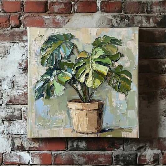 A neutral acrylic canvas of a green monstera in a brown pot with an abstract white cream and blue background, mounted on a red brick wall
