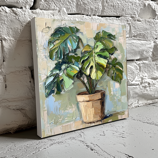 A neutral acrylic canvas of a green monstera in a brown pot with an abstract white cream and blue background, resting on a brick wall. 