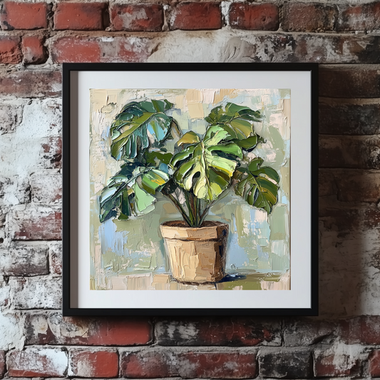 A neutral acrylic print of a green monstera in a brown pot with an abstract white cream and blue background, framed on a brick wall. 